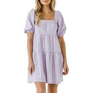 English Factory Purple Gingham Check Puff Sleeve Square Neck Babydoll Dress S